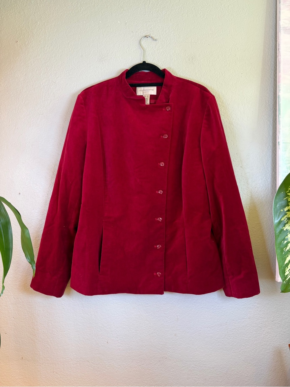 Liz Claiborne Vintage Lizsport Red Velvet Asymmetric Off Center Button Up Blazer
